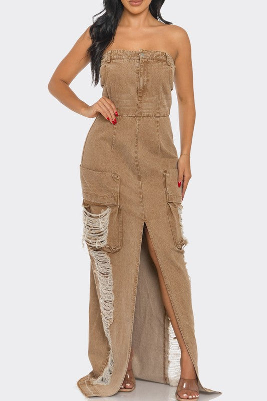 Distressed Cargo Maxi Dress